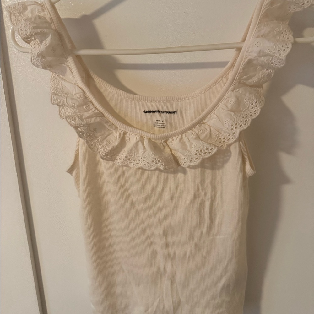 American Eagle Outfitters Cream Ruffle Tank Top